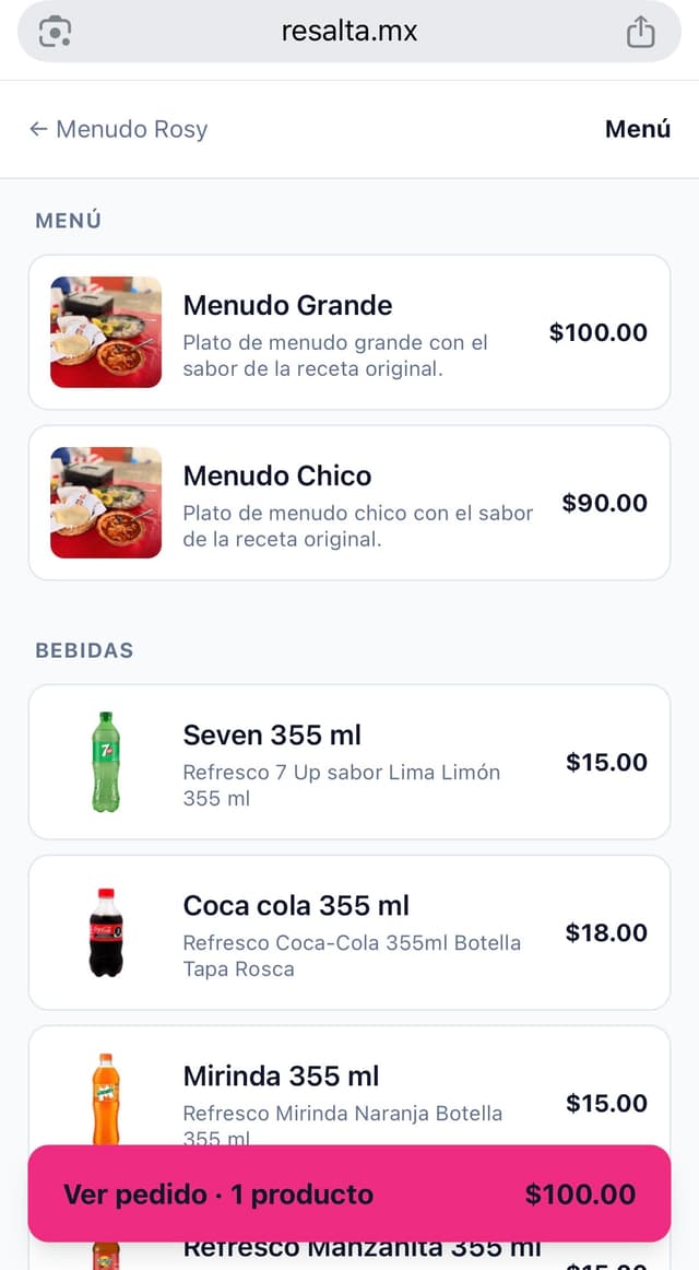 Pantalla de pedido de Menudo Rosy en Resalta